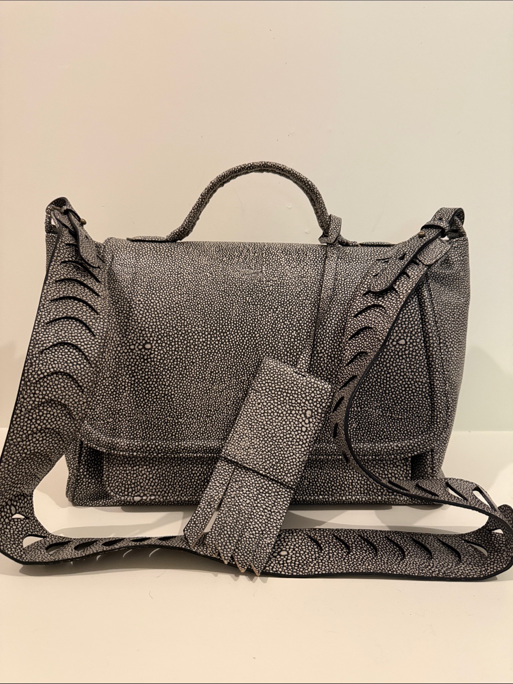 Ostrich Leather Gray Satchel With Decorative Strap